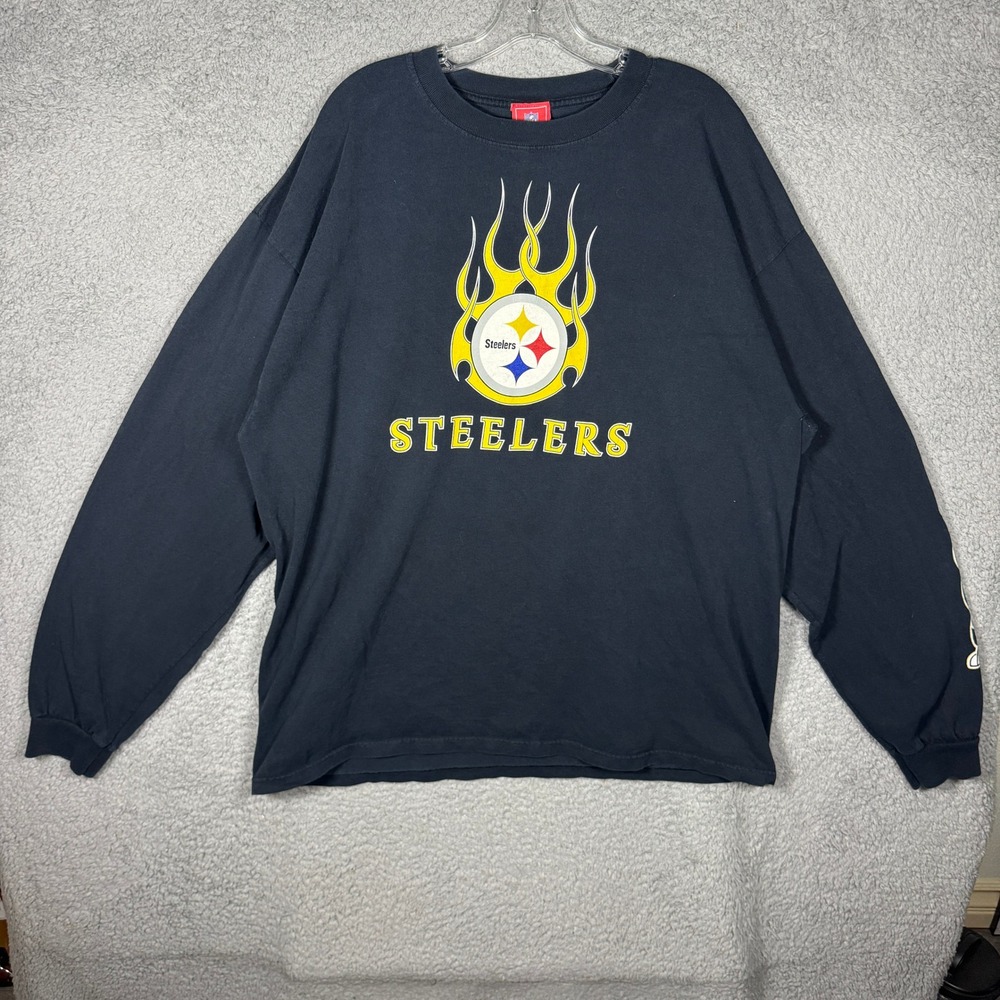 NFL Pittsburgh Steelers Flame Long Sleeve Graphic T-Shirt Black Logo Men 2XL Y2K